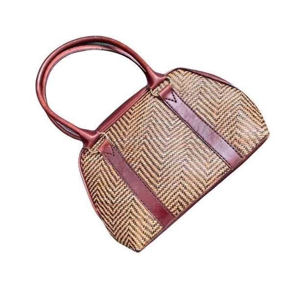 Vintage Leather Woven Wicker Brown Tan Purse Satchel Handbag - Picture 4 of 9